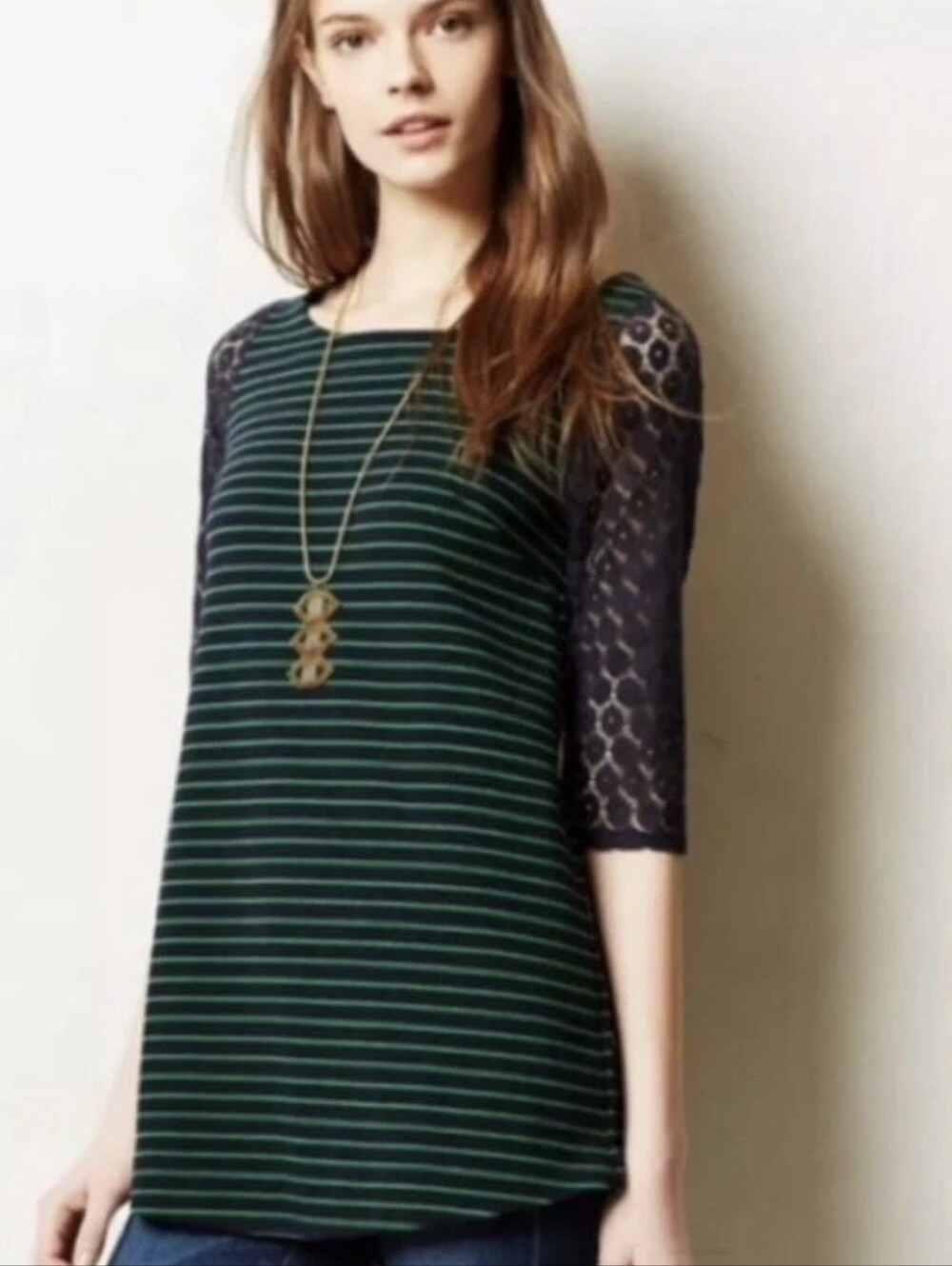 Anthropologie Postage Stamp Striped Lace Sleeve Tunic Top Size Medium